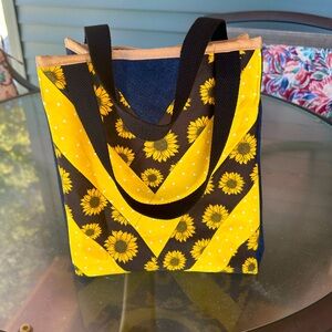 Handmade tote with sunflowers and polka dots w denim Zip pocket & pouch inside.